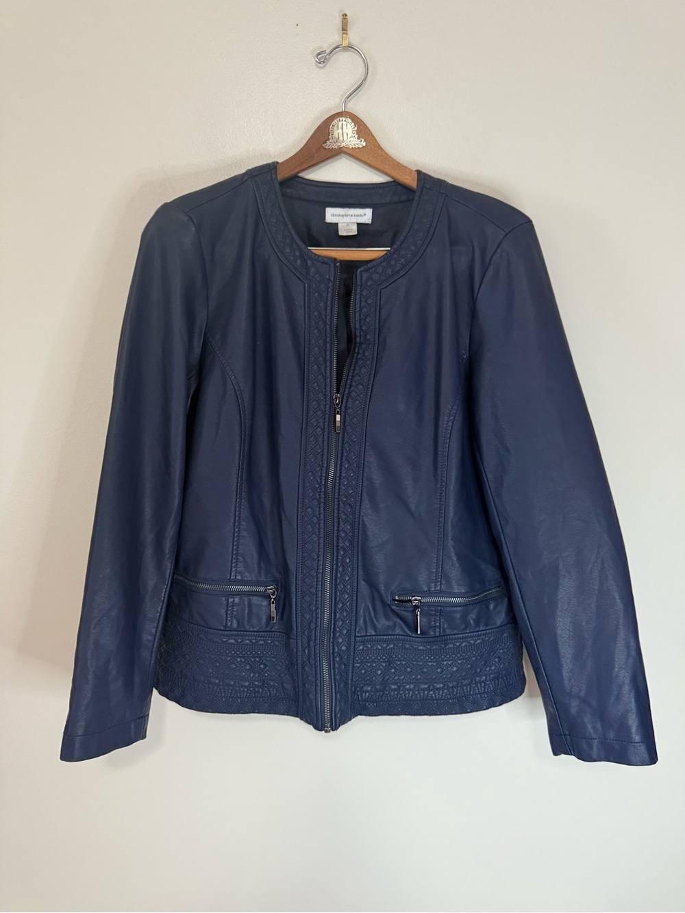 Christopher & Banks Navy Faux Leather Zip Jacket in size medium